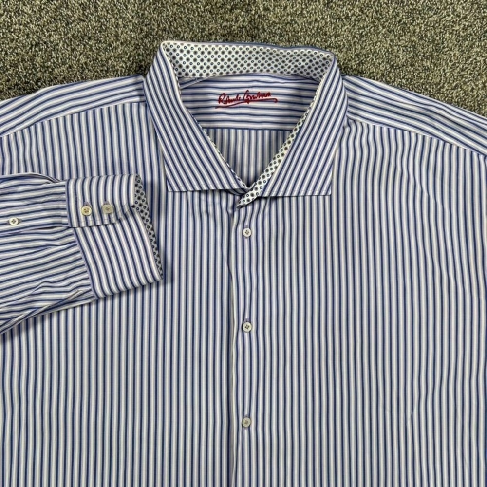 Robert Graham Men 52/22 Blue White Striped Dress Shirt 34/35 BIG Long Sleeve